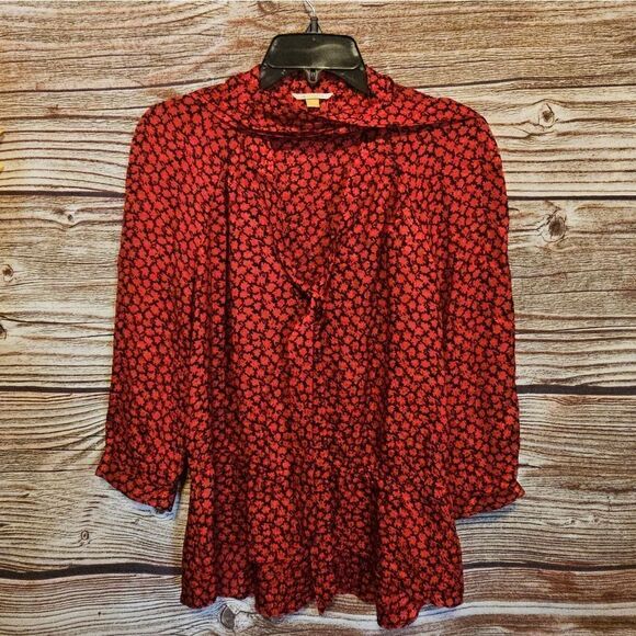 Leifsdottir 100% silk long sleeve blouse Women's size 6 red/ black Pre-owned - Picture 1 of 11